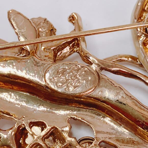 Vintage Signed Kirk's Folly Fairy Swan Sleigh Brooch Gold Tone Rhinestone Whimsy - Picture 8 of 10